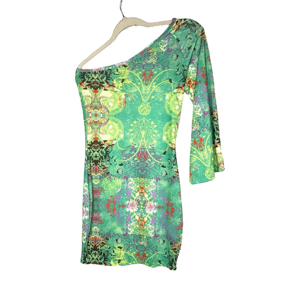 Y2K Apple Bottoms Women One Shoulder Mini Dress Small Green Vintage Bell Sleeve